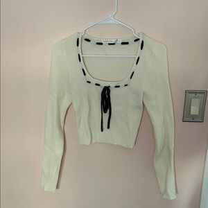 Altar'd State Ivory Ribbed Scoop-Neck Long Sleeve with Black Tie